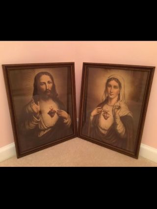 Matching Antique 1920’s - 30’s Sacred Heart Of Jesus & Mary Religious Lithographs