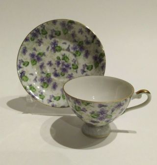 Vintage Lefton China Footed Tea Cup And Saucer Purple Violets Gold Trim