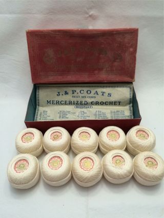 Vintage J&p Coats Mercerized Crochet Box 10 Thread Balls Best Six Cord White