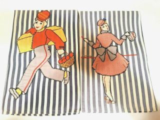 Set Of 2 Vintage Applique / Embroidered Towels - Hotel Bellhop / Bellboy & Maid