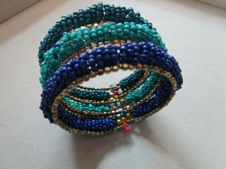 Vintage Large Chunky Statement Cuff Bracelet Blue & Turquoise Tiny Beads