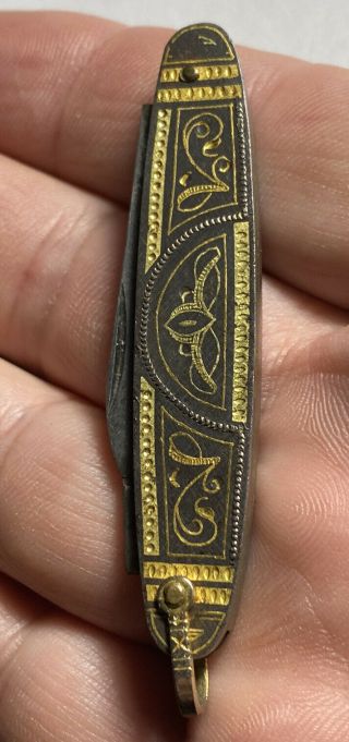 Antique Toledo Spain Gold Damascene Art Etch Folding Pocket Watch Fob Knife