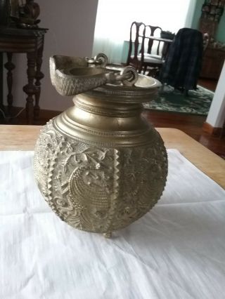 Vintage Antique Brass Bronze Holy Water Pot Vase 5&half Inch High With Handle.