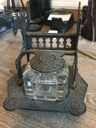 Antique Judd 1879 Cast Iron & Glass Ink Well W 3 Pen Holder And Letter Slot Vgc