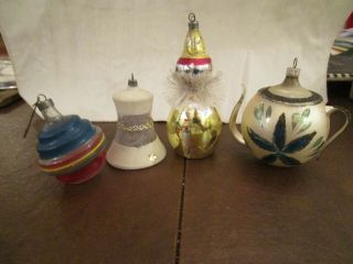 4 Vintage Hand Painted Glass Snowman,  Bell,  Ball,  Teapot Christmas Ornament Lt S