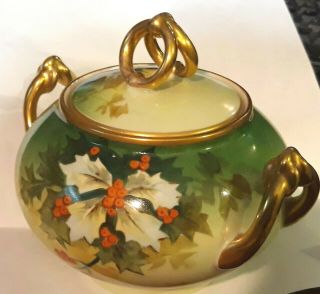 Antique Wm Guerin W.  G.  Limoges France Christmas Holly And Berry Sugar Bowl W/lid