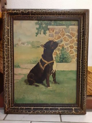 Antique Oil On Canvas Painting Of A Boxer Dog In Period Frame