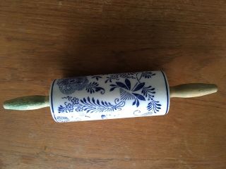Vintage Antique Porcelain Rolling Pin Blue & White With Handles