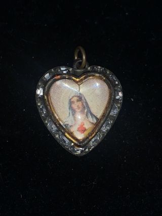 Vintage Silver Enamel Virgin Mary Catholic Medal Charm Pendant Puffy Rhinestone