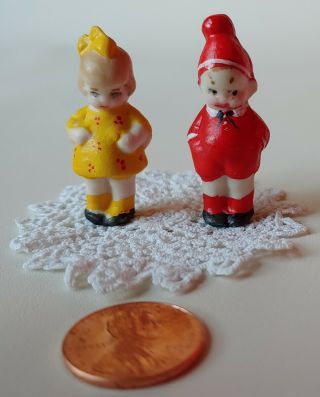 2 Tiny Vintage Artist Painted Bisque Girl Boy Dolls For Dollhouse Miniature