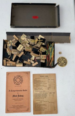 Antique 1920s Chinese Mah Jong Set Set Wood Box Directions Estate Find