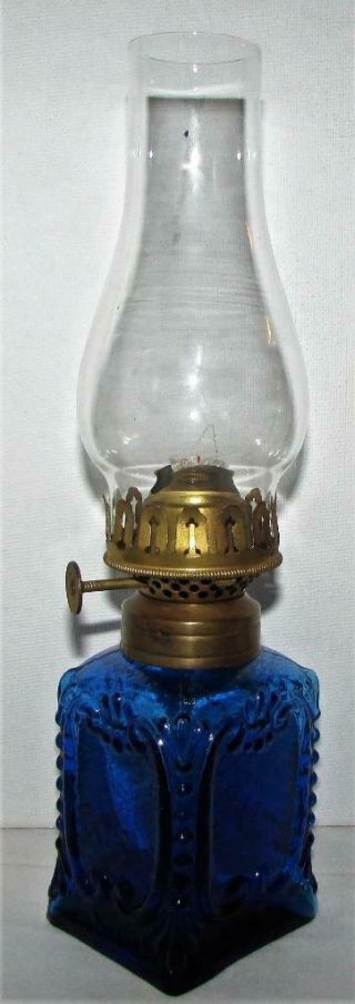 Antique Miniature Oil Kerosene Lamp Cobalt Blue Glass Victorian Motif P&a Hornet