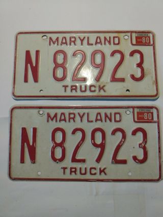 Vintage (1980 Sticker) Maryland Truck License Plates Matching Pair