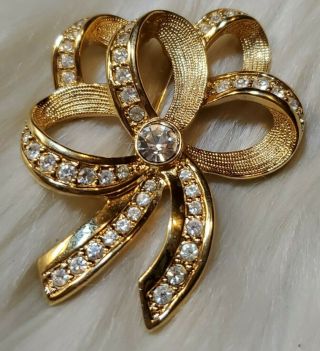 Vintage Swarovski Swan Marked Ribbon Bow Rhinestone Crystal Golden Brooch Pin