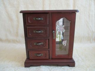 Vintage Wooden Jewelry Box With 4 Drawers And Glass Door