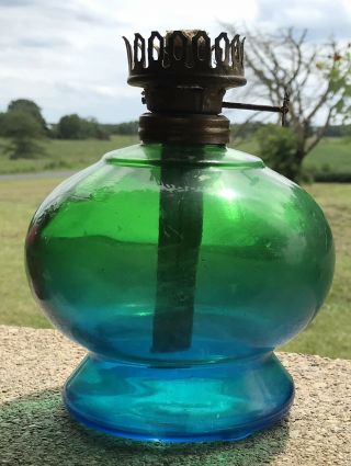 Vintage Ombre Blue Green Oil Lamp 6 1/2 X 7 1/2” No Shade