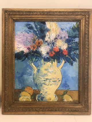 Vintage Hiro Oil Painting Signed 15”x 19”.  Flowers With Base And Fruits