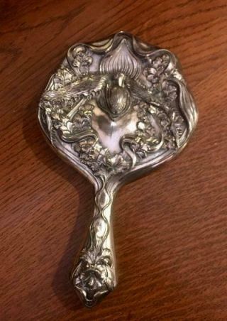 Antique Art Nouveau Silver Plated Hand Mirror Orchid Flower Design 1800 Circa