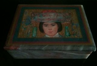 Vintage Alabaster Trinket Box W/lid Inlaid Mongolian Asian Girl Painting Signed