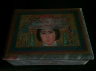 Vintage Alabaster Trinket Box w/Lid Inlaid Mongolian Asian Girl Painting Signed 2