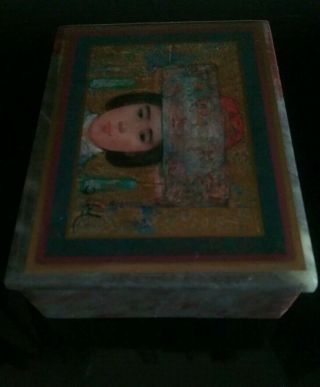 Vintage Alabaster Trinket Box w/Lid Inlaid Mongolian Asian Girl Painting Signed 3