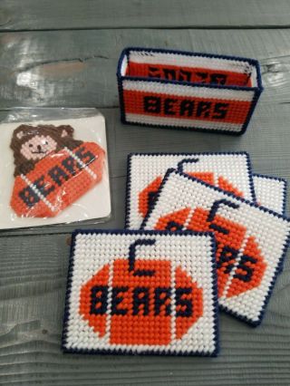 Vtg Plastic Canvas Needlepoint Handmade Chicago Bears Football Coaster Set