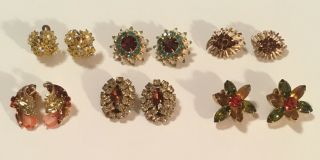 6 Pair Vintage 50s 60s Rhinestone Clip Earrings Mid Century Fall Colors Trifari