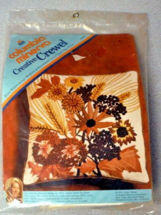 Vintage Crewel Embroidery Kit Erica Wilson Pillow Cover Wheat Flowers 70s Era