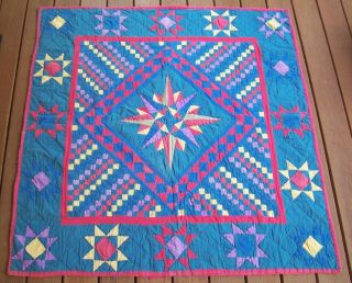 Antique Mariners Compass Colorful Handmade Quilt Top Lap Throw 53 X 57 Vtg