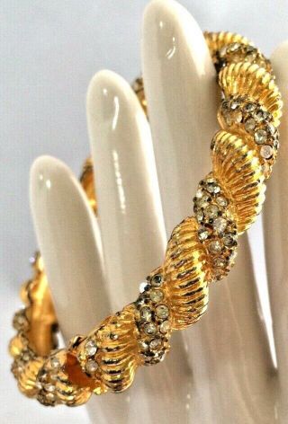 Vintage Signed Jewels Fargo Pave Rhinestones Gold Rope Hinged Bangle Bracelet