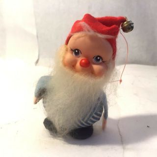 Vtg Mcm Gnome Elf Santa W Beard Japan 4.  5 " Blue Striped Overalls Oranament Xmas