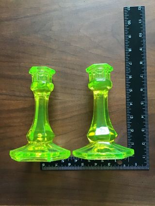 Pair Gorgeous Antique Bright Canary Yellow Vaseline Glass Candlesticks