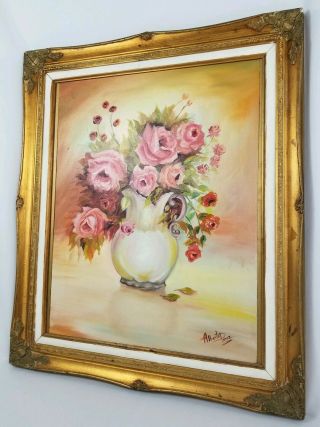 Vintage Still Life Oil Painting Pink Roses Flowers Framed Signed