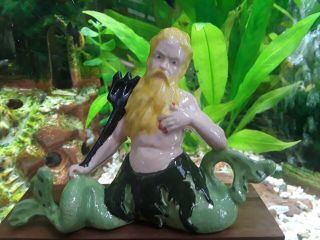 Vintage Antique Aquarium Ceramic Bisque Blond Haired Mermaid Merman King Titan