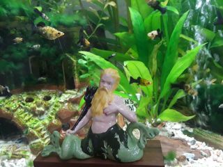 Vintage Antique Aquarium Ceramic Bisque Blond Haired Mermaid Merman King Titan 3