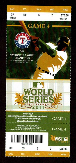 2011 World Series Game 4 Full Ticket Stub Texas Rangers Vs St Louis Cardinals
