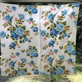 Vintage Curtains Blue Cabbage Roses On White 4 Panels 1 Valence Gorgeous Retro