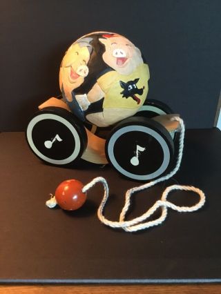 Vintage 1992 Briere 3 Little Pigs Carved Wood Pull Toy Ball W/ Wagon Folk Art