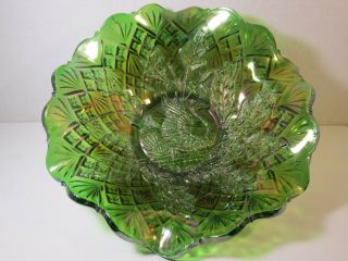 Antique Green Millersburg Nesting Swan Pattern Carnival Glass Bowl