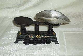 Vintage Miniature Cast Iron Scale With Painted Flowers Tray & 4 Weights 5 " Long
