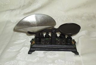 Vintage Miniature Cast Iron Scale with Painted Flowers Tray & 4 Weights 5 
