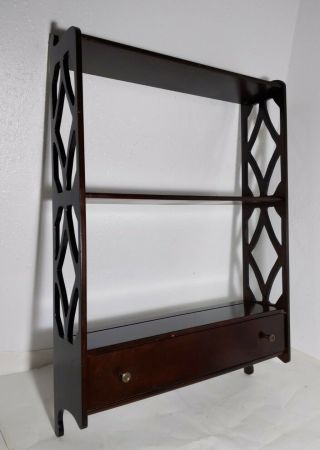 Vintage The Bombay Company Wall Hanging Shelf W/ Drawer Carved Mahogany Wood