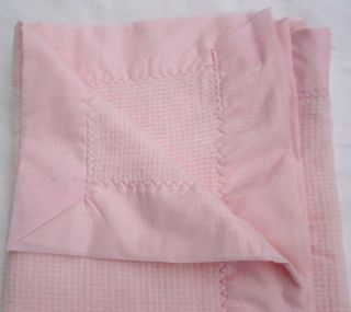 Vtg Waffle Weave Thermal Baby Blanket Pink Acrylic Deep Satin Nylon Trim