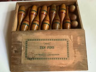 Antique C.  E.  Bradley 10 Pin Wooden Bowling Set Early 1900 
