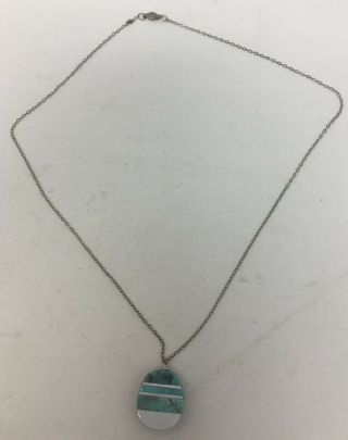 Vintage Sterling Silver Turquoise Inlay & Onyx Pendant Necklace & Chain