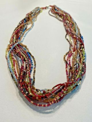 Vintage Boho Beaded Necklace Multi Strand Multi Color Glass Seed Bead 23 "
