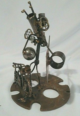 Vintage Handmade Welded Metal Art Sculpture Man Motorcycle 9.  5 "