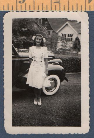1939 Buick With Beaming Young Lady In Great Summer Dress Vintage Photo Snapshot