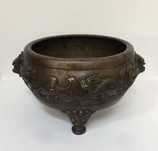Antique Signed Chinese Bronze Tripod Foo Dog Censer Incense Bowl Animal Design