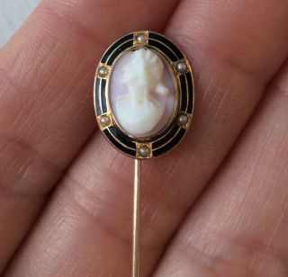 Victorian 10k Gold Cameo Stick Pin Enamel & Seed Pearls Pink White Oval Antique